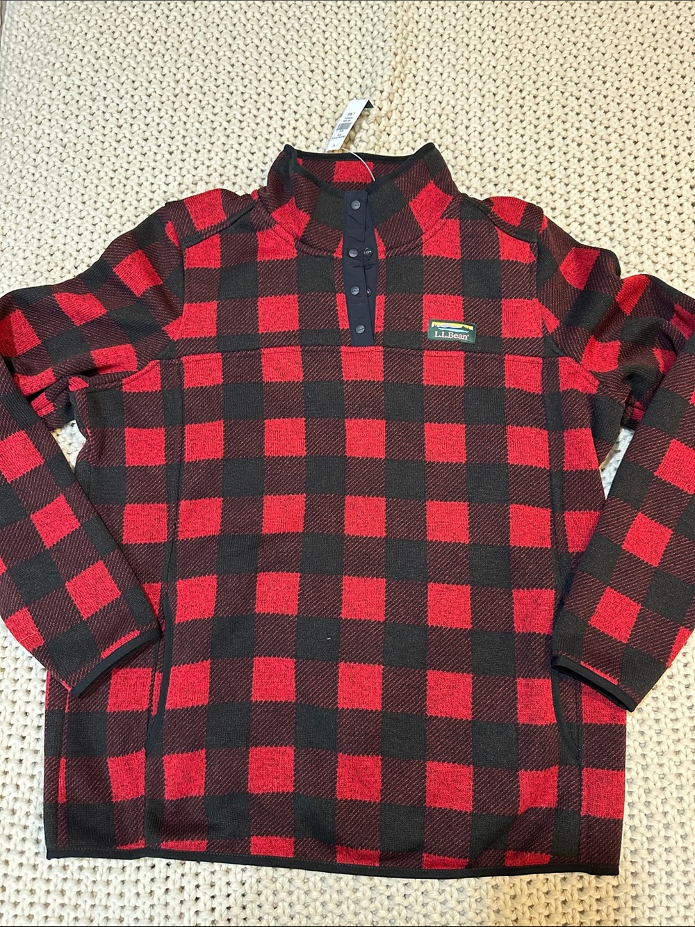 NWT L.L. Bean Women’s Red and Black Buffalo Check Button-Neck Sweater Fleece